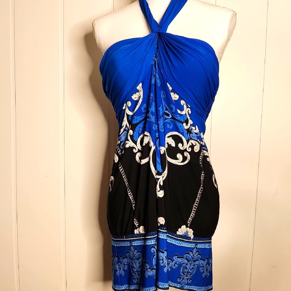 Cache' Y2K Blue Paisley Print Festival Western  Open Back Halter Top Mini Dress